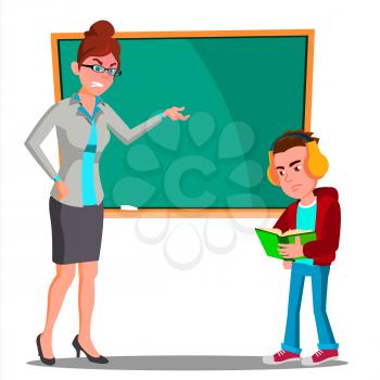 Angry Teacher At The Blackboard, The Child At Desk Looking Into The Book With Headphones Vector. Illustration