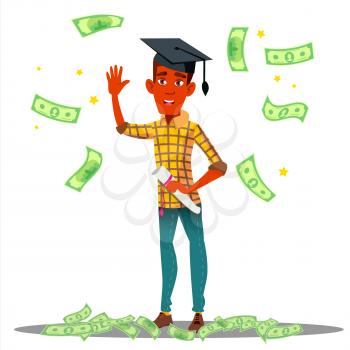 Falling Money On Smiling Student In Graduate Cap With Diploma Vector. Illustration