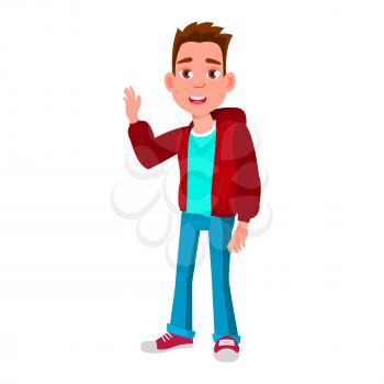 Boy Schoolboy Kid Poses Vector. High School Child. Secondary Education. Educational, Auditorium, Lecture. For Card, Advertisement, Greeting Design. Isolated Cartoon Illustration
