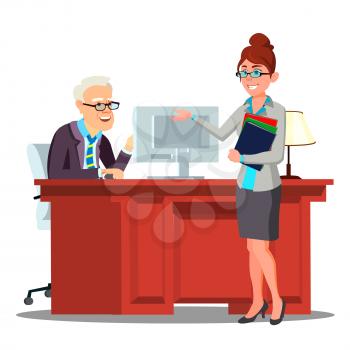 Interview, Candidate Introduces Herself To Staff Member With Curriculum Vitae Vector. Illustration