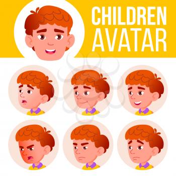 Boy Avatar Set Kid Vector. Primary School. Face Emotions. Red Head, Icon. Small, Junior. Casual Friend Cartoon Illustration