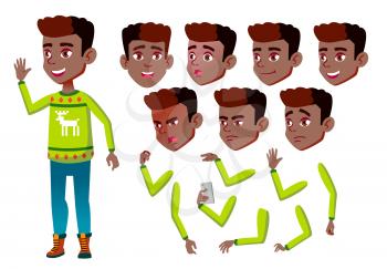 Boy, Child, Kid, Teen Vector. Cheerful Pupil. Black. Afro American. Face Emotions, Various Gestures. Animation Creation Set Isolated Flat Cartoon Illustration