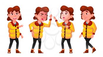 Winter Girl Poses Set Vector. School Child. Holidays. For Card, Advertisement, Greeting Design. Isolated Illustration