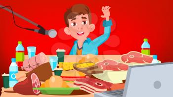 Mukbang Eating Show Vector. Guy. Social Eating. Popular Video Streamer Blogger. Illustration