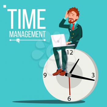 Time Management Man Vector. Organization Of Work Process. Free Time. Business Illustration