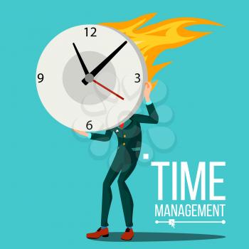 Time Management Man Vector. Huge Clock, Watch. Control. Procrastination Business Illustration