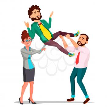 Customer Support, Employee In Business Suit Holding A Happy Client Over His Head Vector. Illustration