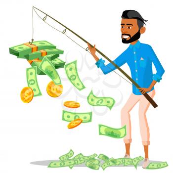 Lucky Businessman With A Fishing Rod In Hands And Pile Of Money Near Vector. Illustration