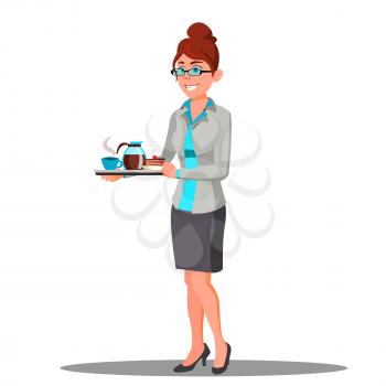 Secretary Girl In Suit Carrying A Cups Of Coffee On A Tray Vector. Illustration