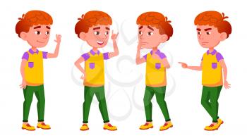 Boy Schoolboy Kid Poses Set Vector. Red Head. Emotions. For Web, Brochure, Poster Design. Isolated Illustration