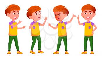 Little Boy Poses Set Vector. Primary School Child. Red Head. Emotions. For Postcard, Cover, Placard Design. Isolated Illustration