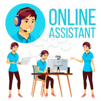 Online Assistant Asian Woman Vector. User Support Service. Hotline Operator. Flat Illustration