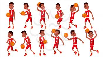 Basketball Player Child Set Vector. In Action. Athlete In Uniform With Ball. Team Action Stickers. Sport Game. Isolated Flat Cartoon Illustration
