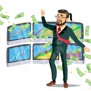 Dollar Rain Businessman Vector. Manager And Under Money Rain. Cash Money Shower. Isolated Flat Cartoon Character Illustration