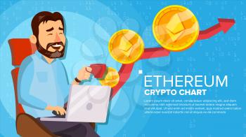 Ethereum Up Trend, Growth Concept Vector. Trade Chart. Virtual Money Happy Man Investor. Crypto Currency Market Concept. Cartoon Illustration