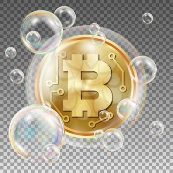 Bitcoin In Soap Bubble Vector. Investment Risk. Bitcoin Crash Digital Money. Crypto Currency Market. Realistic Isolated Illustration
