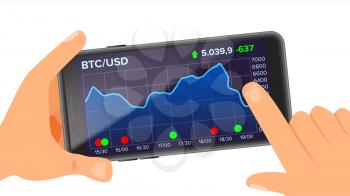Bitcoin Web Charts Vector. Hand Holding Smartphone. Bitcoin App. Digital Money. Investment Concept. Isolated Flat Illustration
