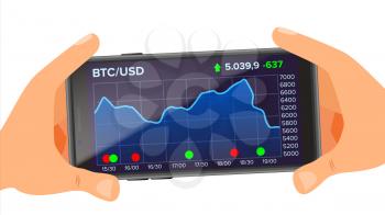Bitcoin Application Vector. Hand Holding Smartphone. Bitcoin App with Graph, Trend, Diagram. Investment Concept. Trading Design Concept. Isolated Flat Illustration