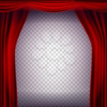Red Theater Curtain Vector. Transparent Background. Poster For Concert, Party, Theater, Dance Realistic Illustration