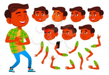 Boy, Child, Kid, Teen Vector. Indian, Hindu. Asian. Schoolchild. Lecture Face Emotions Various Gestures Animation Creation Set Isolated Flat Cartoon Illustration