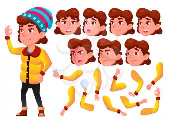 Girl, Child, Kid, Teen Vector. Cheerful Pupil. Face Emotions, Various Gestures. Animation Creation Set Isolated Flat Cartoon Illustration
