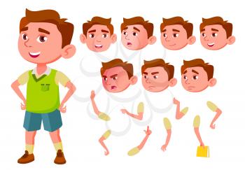 Boy, Child, Kid, Teen Vector. Little. Funny. Junior. Friendly Face Emotions Various Gestures Animation Creation Set Isolated Flat Cartoon Illustration