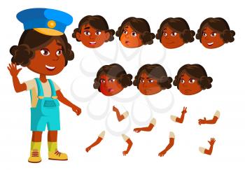 Indian Girl, Child, Kid Vector. Hindu. Asian. Young. Face Emotions, Various Gestures. Animation Creation Set Isolated Flat Cartoon Illustration