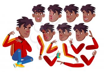 Teen Boy Vector. Rap Battle Singer Teenager. Black. Afro American. Friendly, Cheer. Face Emotions, Various Gestures. Animation Creation Set. Isolated Flat Cartoon Illustration