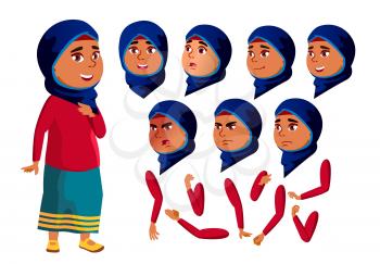 Arab, Muslim Teen Girl Vector. Teenager. Face. Children. Face Emotions, Various Gestures. Animation Creation Set. Isolated Flat Character Illustration