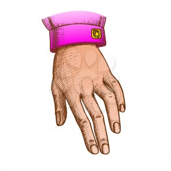 Color Girl Hand Gesture In Calm State Sign Ink Vector. Woman Hand Reaching With Palm Facing Down. Female Resting Arm And Fingers Designed In Retro Style Closeup Illustration