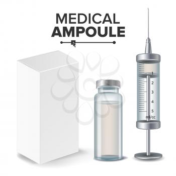 Medical Ampoule, White Package Box, Syringe Vector Realistic