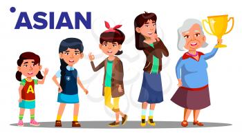 Asiatic Generation Female Set People Person Vector. Asian Mother, Daughter, Granddaughter, Baby. Vector. Isolated Illustration