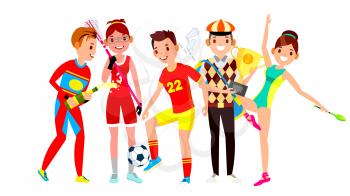 Athlete Set Vector. Man, Woman. Lacrosse, Soccer, Golf, Gymnastics. Group Of Sports People In Uniform, Apparel. Sportsman Character In Game Action. Cartoon Illustration