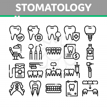 Stomatology Collection Vector Thin Line Icons Set. Stomatology Dentist Equipment And Chair, Healthy And Unhealthy Tooth Linear Pictograms. Jaw Denture, Injection Anesthesia Black Contour Illustrations