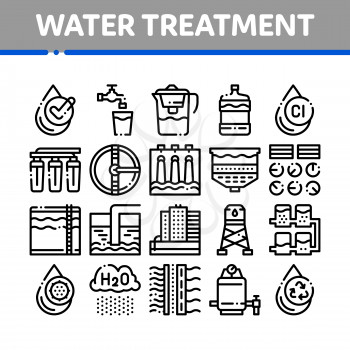 Water Treatment Items Vector Thin Line Icons Set. Filter And Cleaning System Water Treatment Elements From Microbe Germs Linear Pictograms. Rain Cloud And Pump Station Black Contour Illustrations