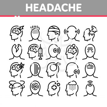 Headache Collection Elements Vector Icons Set Thin Line. Tension And Cluster Headache, Migraine And Brain Symptom Concept Linear Pictograms. Head Healthcare Black Contour Illustrations