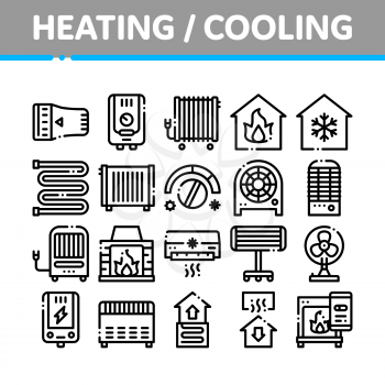 Heating And Cooling Collection Vector Icons Set Thin Line. Cool And Humidity, Airing, Ionisation And Heating Concept Linear Pictograms. Conditioning Related Black Contour Illustrations