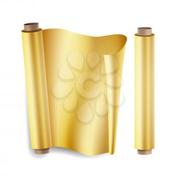 Gold Foil Roll Vector. Close Up Top View. Opened And Closed. Christmas Gift Wrapping. Realistic Illustration Isolated