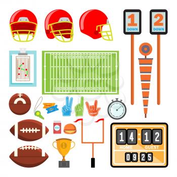 American Football Icons Set Vector. American Football Accessories. Helmet, Ball, Cup, Field. Isolated Cartoon Illustration