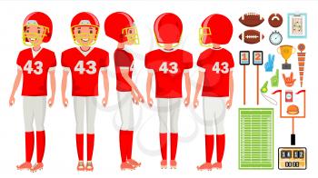 American Football Young Man Player Vector. Red White Uniform. Stadium Football Game. Man. Flat Athlete Cartoon Illustration