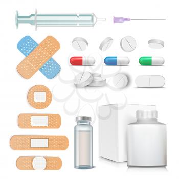 Medical Items Set Vector. Pills, Drugs, Ampoule Syringe Patch Isolated
