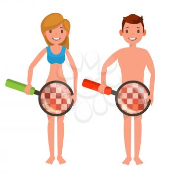 Venereal Disease Check Vector. Naked Man And Woman With Magnifying Glass. Censored Skin. Body Female, Male Impotence Healthcare Venereal Disease Sex Concept. Isolated