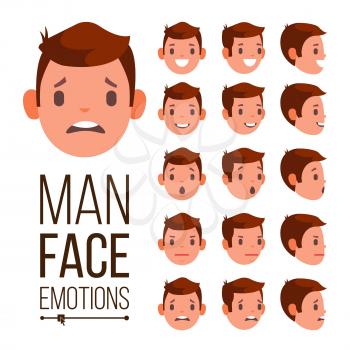 Man Emotions Vector. Young Male Face Portraits. Sadness, Anger, Rage, Surprise, Shock Isolated Flat Cartoon Illustration