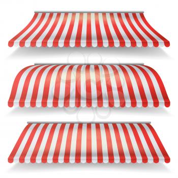 Classic Red And White Awning Vector Set. Realistic Store Awning Isolated On White Background