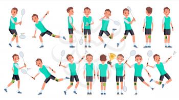 Badminton Man Player Male Vector. Athlete In Uniform. Jumping, Practicing. Cartoon Athlete Character Illustration