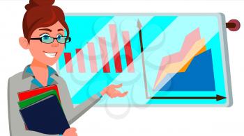 Broker Female Vector. Stock-market Broker. Charts, Data Analyses. Trading Stocks Online. Computer Screen. Traders Office. Business Success. Flat Cartoon Illustration