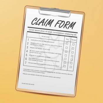 Claim Form Vector. Business Document. Accident Snd insurance Concept. Realistic Illustration