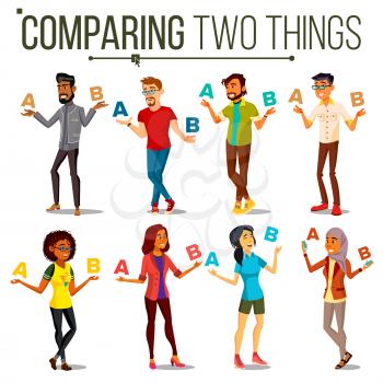 People Comparing A With B Vector. Balance Of Mind And Emotions. Mix Race. Client Choice. Compare Objects, Ways, Ideas. Customer Review. Isolated Cartoon Illustration
