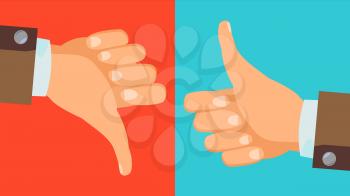 Dislike And Like Icon Vector. Thumbs Up, Thumbs Down Business Hands. Social Media Network Web Symbol. Choice Concept. Vote Finger. Good. Bad. Flat Cartoon Illustration