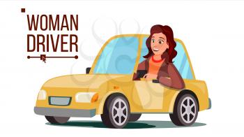 Woman Driver Vector. Sitting In Modern Automobile. Buy A New Car. Driving School Concept. Happy Female Motorist. Isolated Cartoon Character Illustration